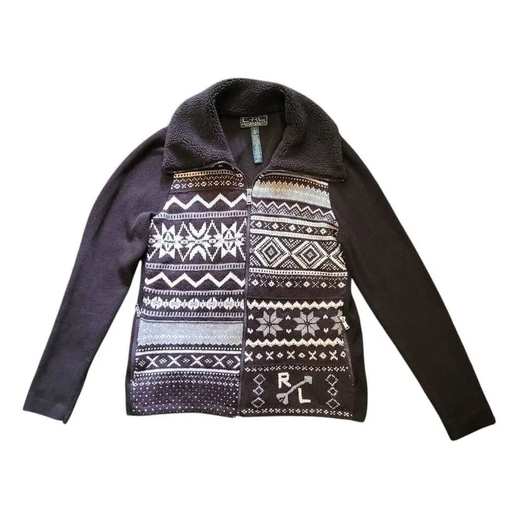 Ralph Lauren Cardigan Sweater Women's Large Brown Wool Fair Isle Ski Nordic
